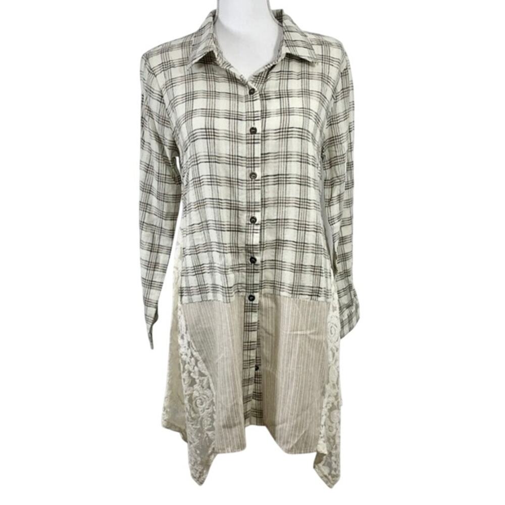 A’REVE Mixed Media Plaid & Lace Tunic Shirt | Boho Western | Size Medium - Picture 2 of 11